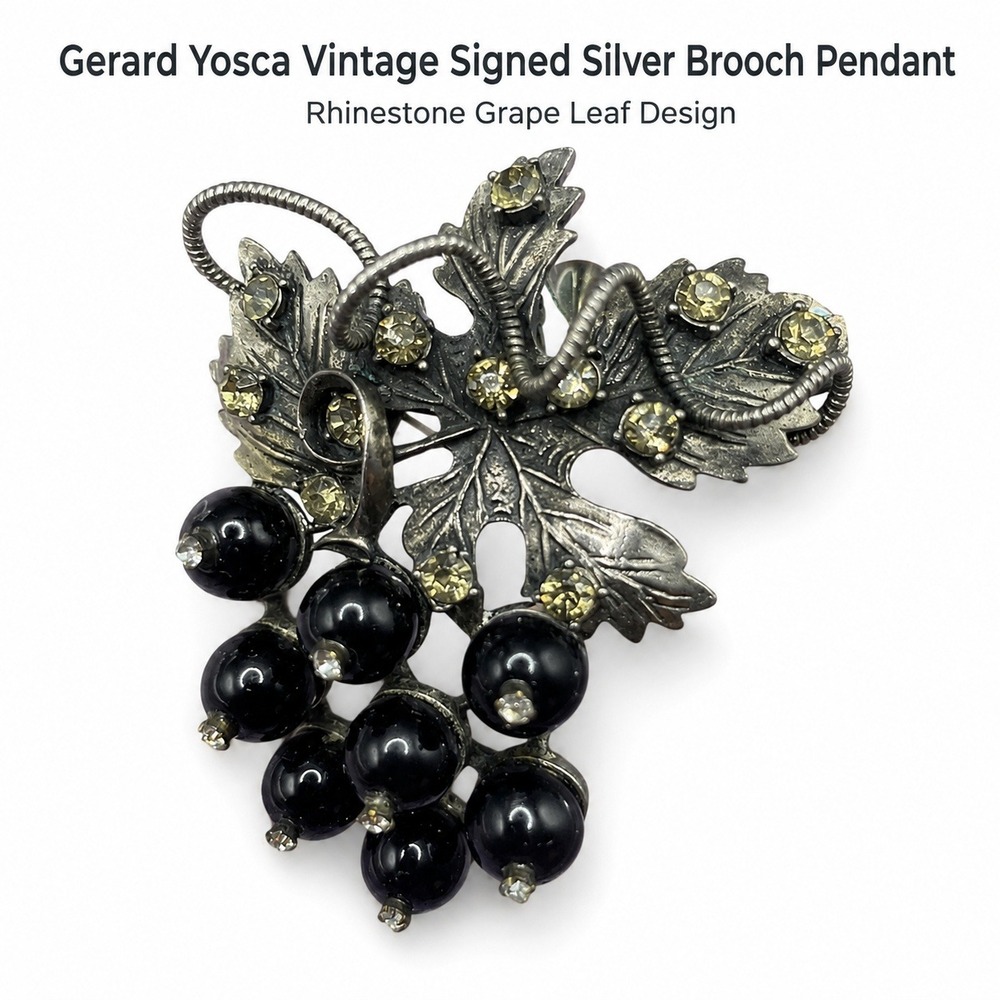 Yosca Vintage Grape Cluster Brooch Rhinestone Silver 3"x2" Tone Black Bead Pin